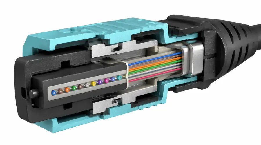 MPO-12 connector with twelve fibers arranged in a single ferrule
