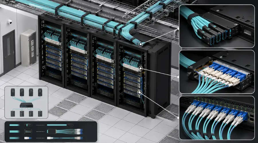 MPO-12 trunk cable used for backbone consolidation with MPO-to-LC cassettes MPO-12 trunk cable used for backbone consolidation with MPO-to-LC cassettes