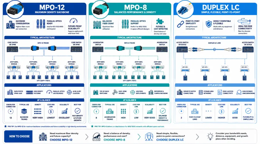 Decision framework comparing MPO-12, MPO-8, and duplex LC fiber cabling