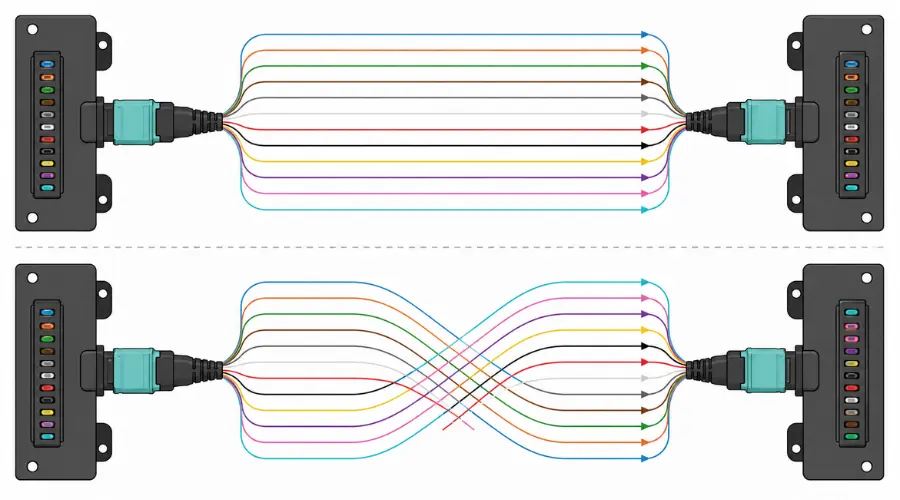 MPO polarity diagram showing transmit fibers connected to receive fibers
