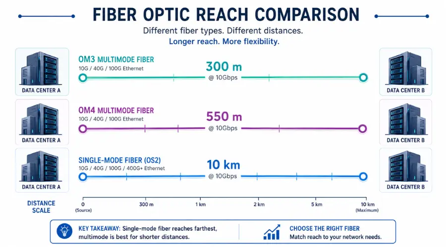 OM3 OM4 and single-mode fiber reach comparison for MPO-12 cabling