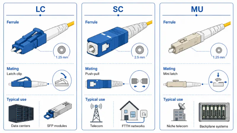 Quick comparison infographic of LC, SC, and MU fiber optic connectors