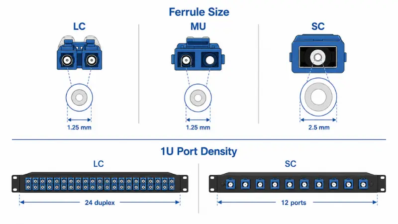 Ferrule size and port density comparison between LC, SC, and MU connectors Ferrule size and port density comparison between LC, SC, and MU connectors