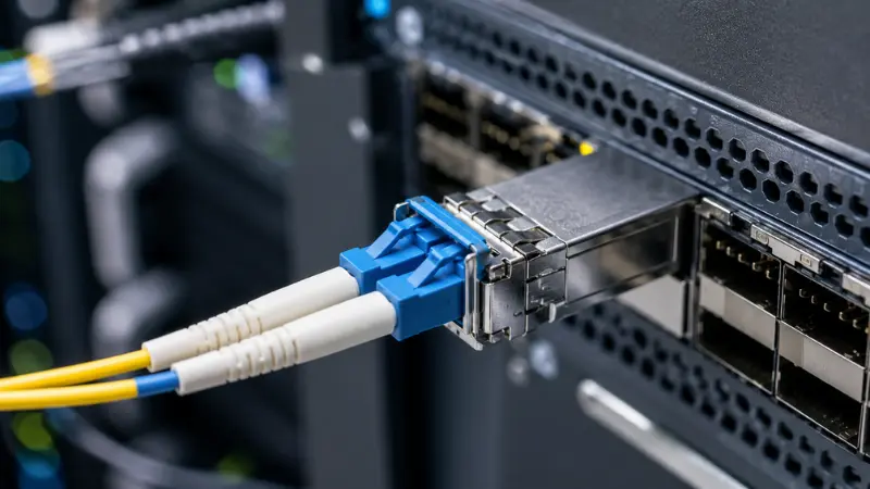 Duplex LC patch cable plugged into an SFP optical transceiver