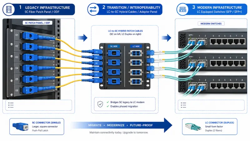 Migration path from SC fiber infrastructure to LC-equipped network switches
