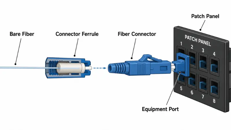 Diagram explaining bare fiber connector ferrule and fiber optic termination interface