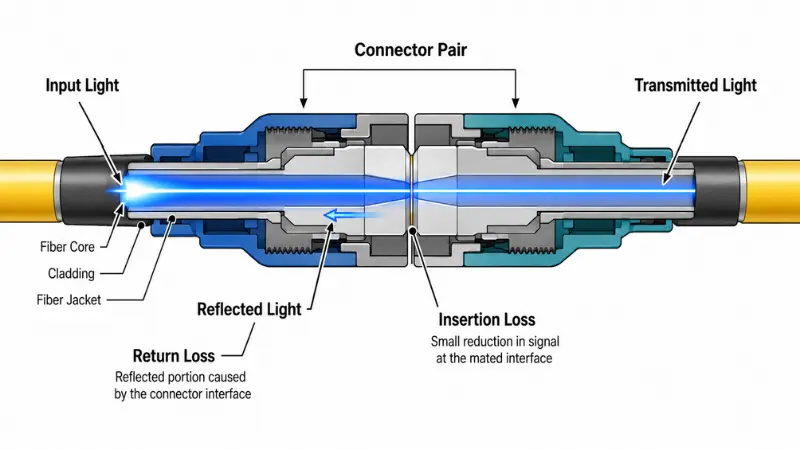 Insertion loss and return loss in a fiber optic connector pair Insertion loss and return loss in a fiber optic connector pair