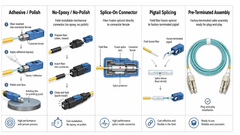 Comparison of adhesive polish no epoxy splice on pigtail and pre terminated fiber termination methods