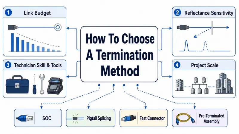 Fiber optic termination method selection guide based on link budget reflectance tools and project scale