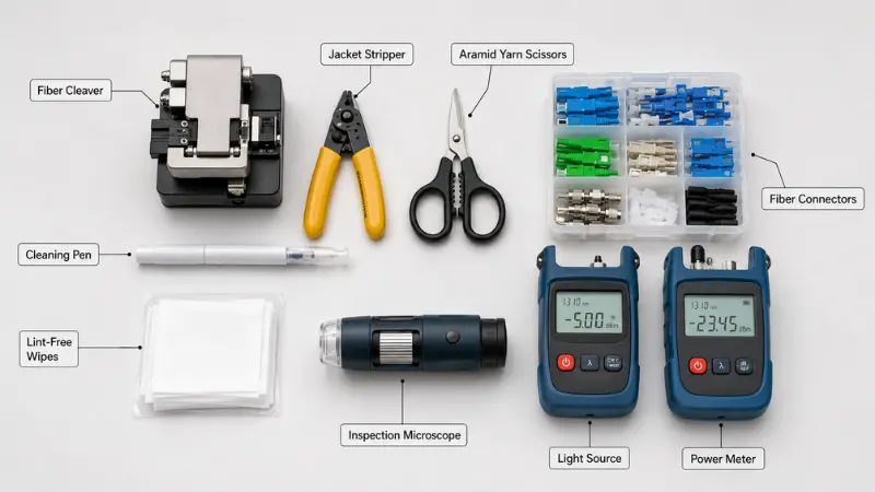 Fiber optic termination tools including cleaver stripper cleaning pen microscope and power meter