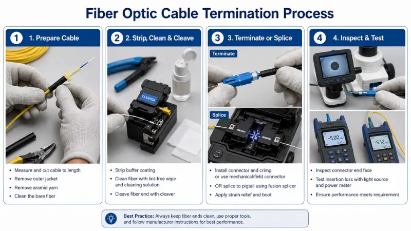 Four step fiber optic cable termination process prepare strip cleave terminate inspect and test Four step fiber optic cable termination process prepare strip cleave terminate inspect and test