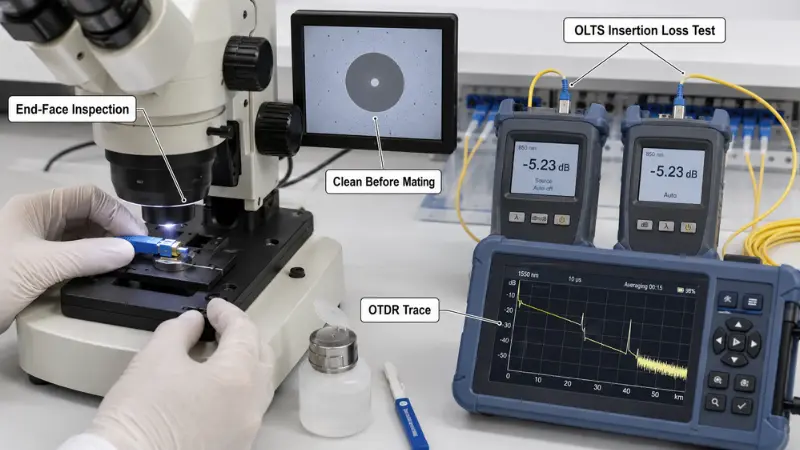 Fiber connector end face inspection cleaning OLTS insertion loss test and OTDR trace