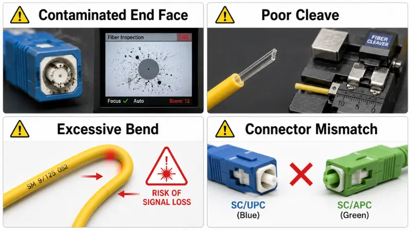 Common fiber optic termination mistakes including contaminated end face poor cleave excessive bend and connector mismatch