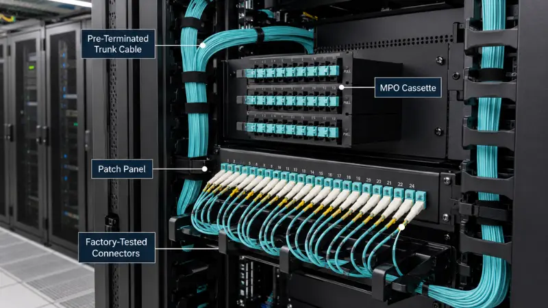 Pre terminated fiber trunk cables MPO cassettes and factory tested connectors in a data center