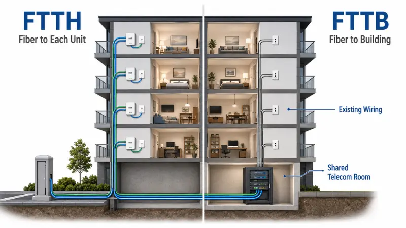 FTTH vs FTTB fiber architecture comparison showing fiber to each unit versus fiber to a shared building telecom room