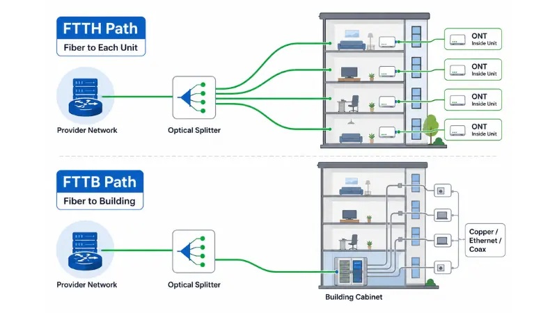 FTTH and FTTB architecture diagram showing provider network optical splitter ONT building cabinet and internal wiring FTTH and FTTB architecture diagram showing provider network optical splitter ONT building cabinet and internal wiring