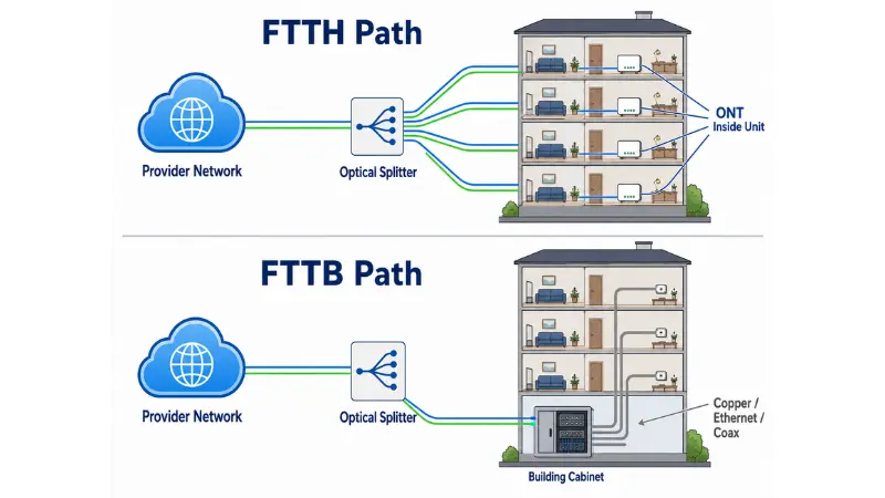 Last segment bottleneck comparison between FTTH full fiber path and FTTB internal building wiring