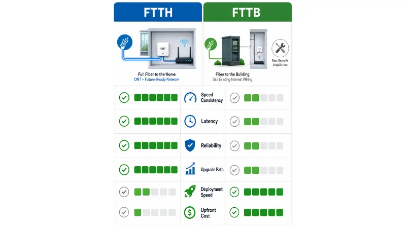 FTTH and FTTB comparison across speed consistency latency reliability upgrade path deployment speed and upfront cost