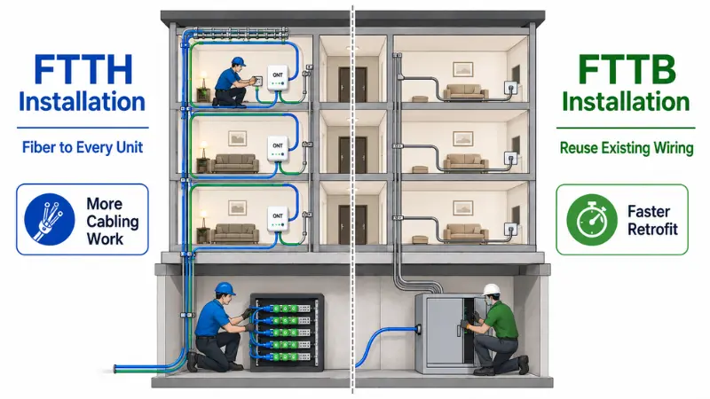 FTTH and FTTB installation comparison showing fiber to every unit versus reusing existing building wiring FTTH and FTTB installation comparison showing fiber to every unit versus reusing existing building wiring