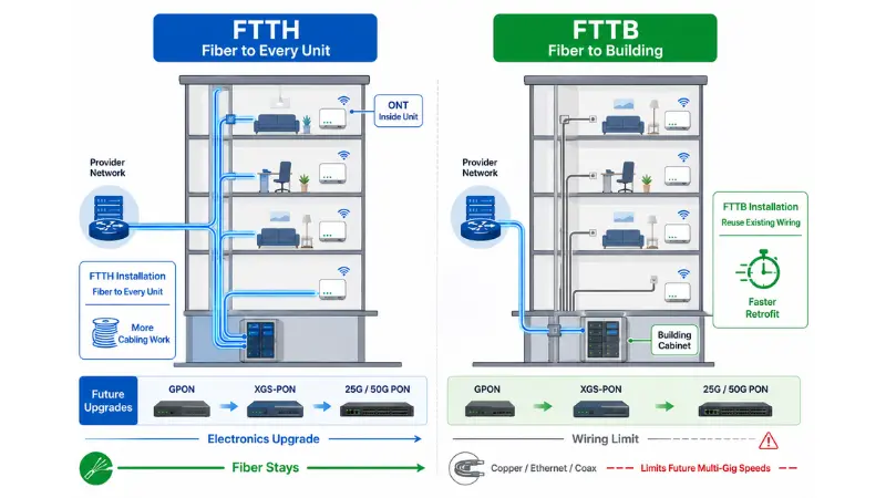 FTTH long-term upgrade path from GPON to XGS-PON and future 25G or 50G PON compared with FTTB wiring limits FTTH long-term upgrade path from GPON to XGS-PON and future 25G or 50G PON compared with FTTB wiring limits