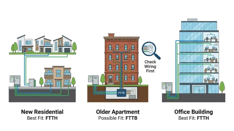 Fiber architecture selection for new residential buildings older apartment retrofits and office buildings Fiber architecture selection for new residential buildings older apartment retrofits and office buildings
