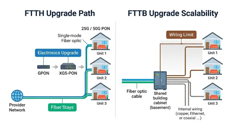 FTTB to FTTH migration diagram showing fiber extension from telecom room through risers to each unit