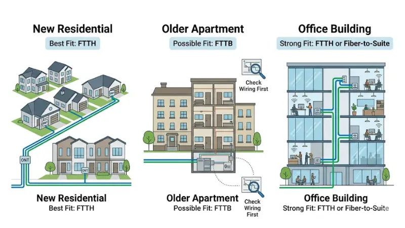 How to identify FTTH or FTTB by checking fiber outlet ONT Ethernet port phone jack or coax outlet