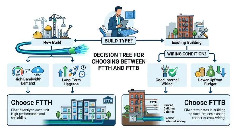 Decision tree for choosing FTTH or FTTB based on new build status bandwidth demand wiring condition and budget Decision tree for choosing FTTH or FTTB based on new build status bandwidth demand wiring condition and budget