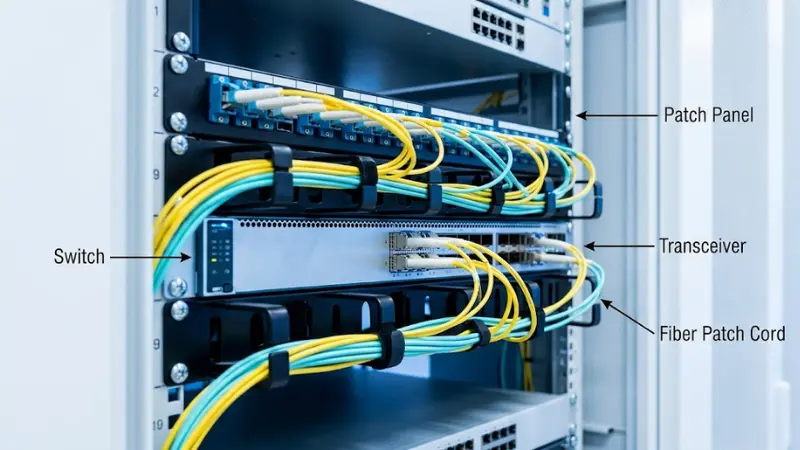 Fiber optic patch cord connecting transceiver patch panel and switch Fiber optic patch cord connecting transceiver patch panel and switch