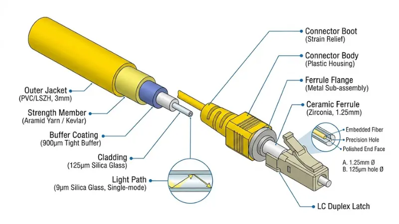 Fiber optic patch cord components including core cladding strength member jacket and ferrule