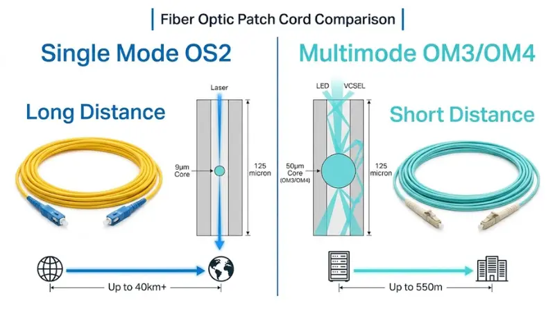 Single mode OS2 and multimode OM3 OM4 fiber patch cord comparison