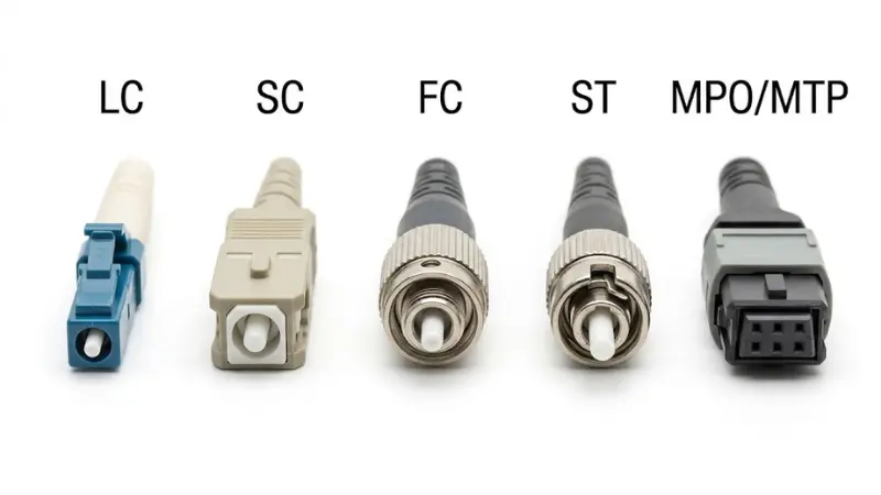 LC SC FC ST and MPO MTP fiber optic connector types