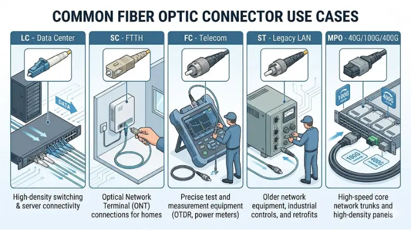 Fiber connector applications for data center FTTH telecom legacy LAN and high speed networks