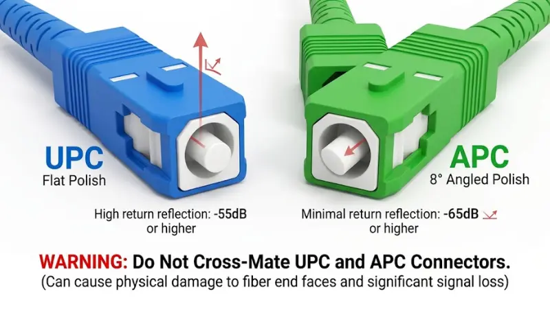 UPC and APC fiber connector polish type comparison with do not cross mate warning