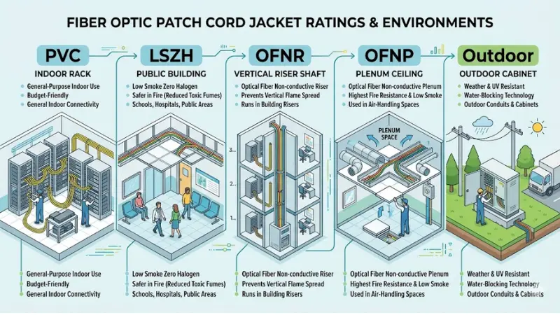 Fiber optic patch cord jacket ratings PVC LSZH OFNR OFNP and outdoor