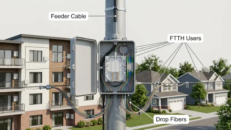 Fiber distribution box connecting feeder cable to multiple FTTH drop fibers