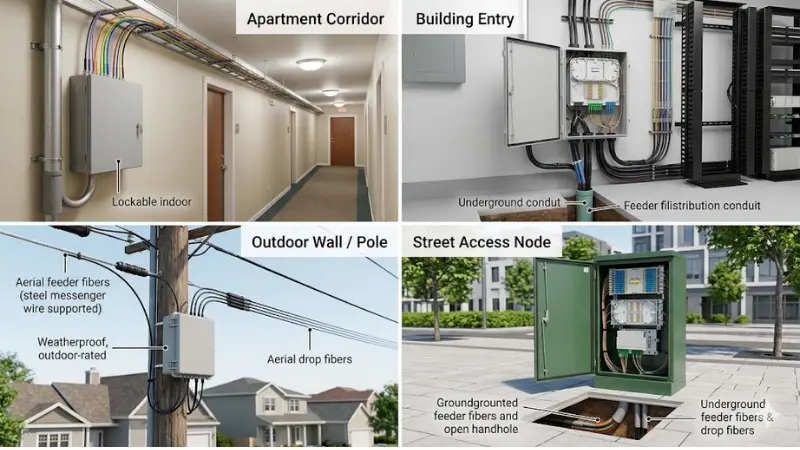 Common fiber distribution box applications in apartment corridors building entries outdoor walls and street nodes Common fiber distribution box applications in apartment corridors building entries outdoor walls and street nodes