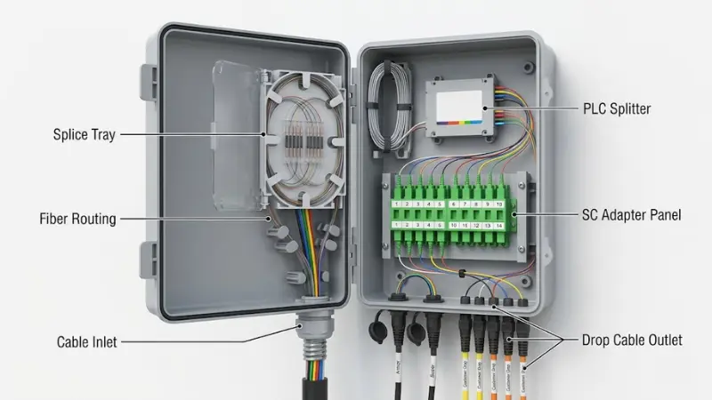 Inside view of a fiber distribution box with splice tray adapters PLC splitter and cable routing Inside view of a fiber distribution box with splice tray adapters PLC splitter and cable routing