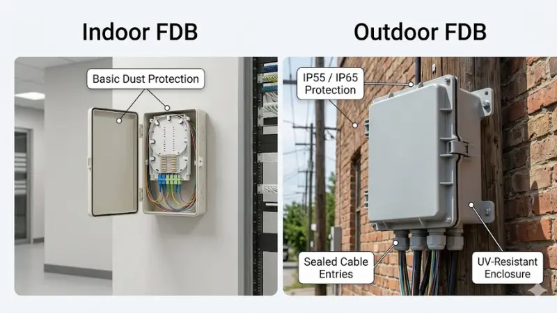 Indoor versus outdoor fiber distribution box comparison for FTTH installations