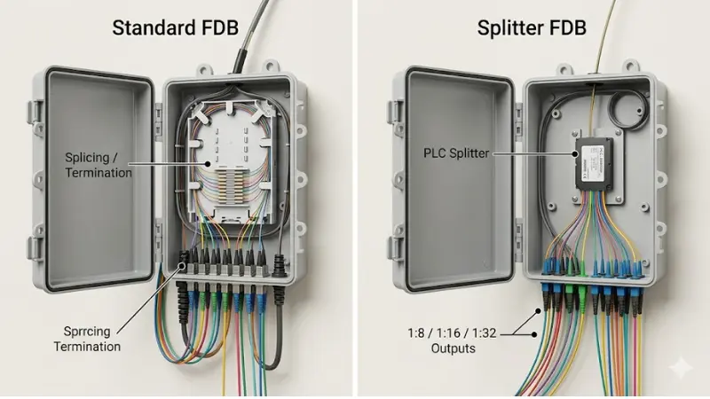 Standard fiber distribution box compared with splitter fiber distribution box for FTTH networks