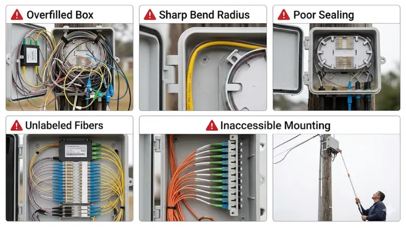 Common fiber distribution box installation mistakes including overfilling sharp bends poor sealing and unlabeled fibers Common fiber distribution box installation mistakes including overfilling sharp bends poor sealing and unlabeled fibers