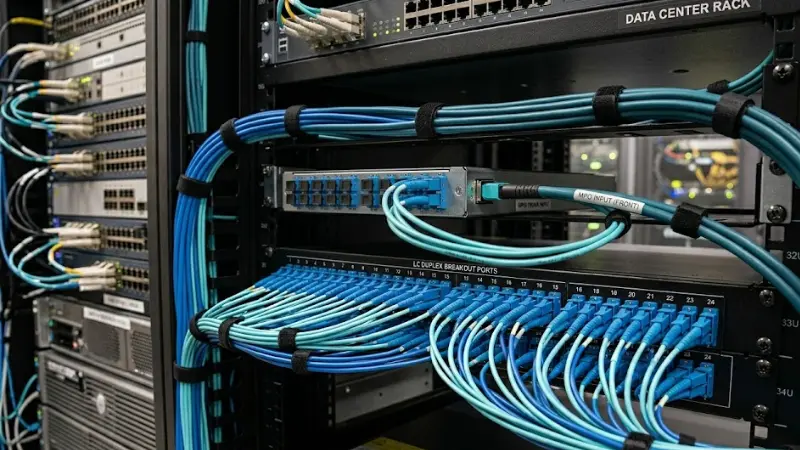 MPO to LC breakout module installed in a data center rack with MPO trunk input and organized LC duplex ports MPO to LC breakout module installed in a data center rack with MPO trunk input and organized LC duplex ports