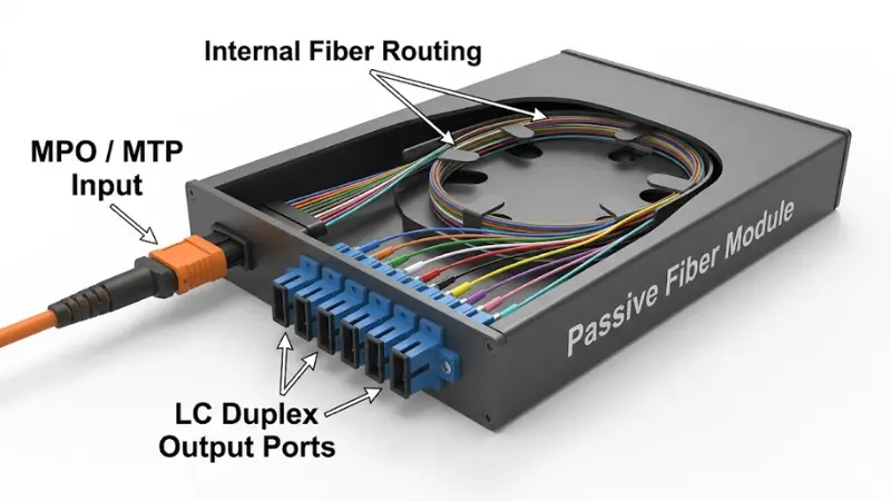 Cutaway view of an MPO breakout module showing internal fiber routing from MPO input to LC duplex output ports