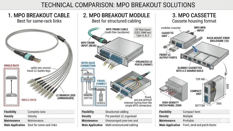 Comparison of MPO breakout cable, MPO breakout module, and MPO cassette for fiber optic data center cabling Comparison of MPO breakout cable, MPO breakout module, and MPO cassette for fiber optic data center cabling