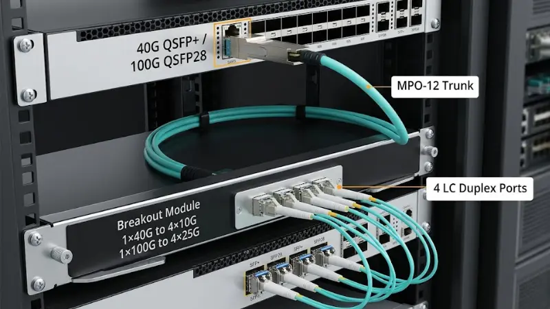 QSFP to SFP breakout application using an MPO to LC breakout module for 40G and 100G data center links