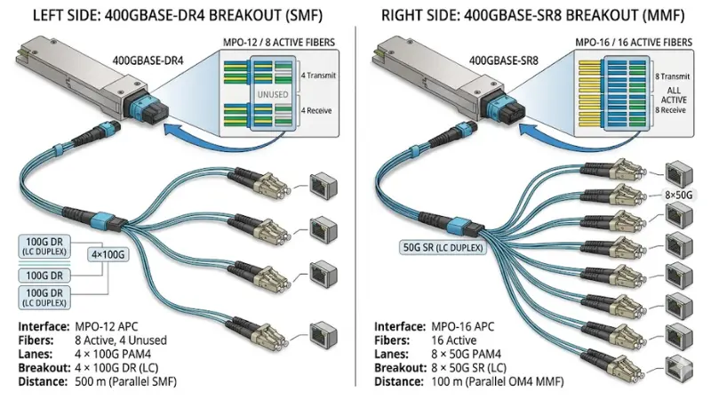 400G QSFP-DD breakout diagram comparing 400GBASE-DR4 MPO-12 and 400GBASE-SR8 MPO-16 configurations