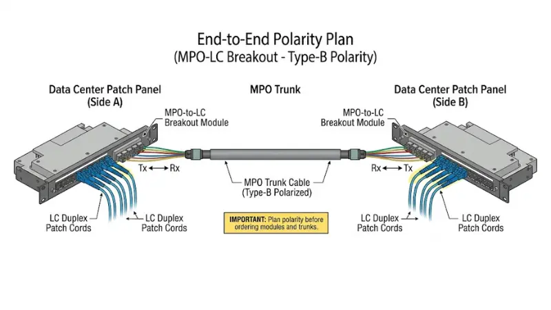 MPO polarity planning diagram showing Tx to Rx fiber mapping through breakout modules and LC duplex patch cords