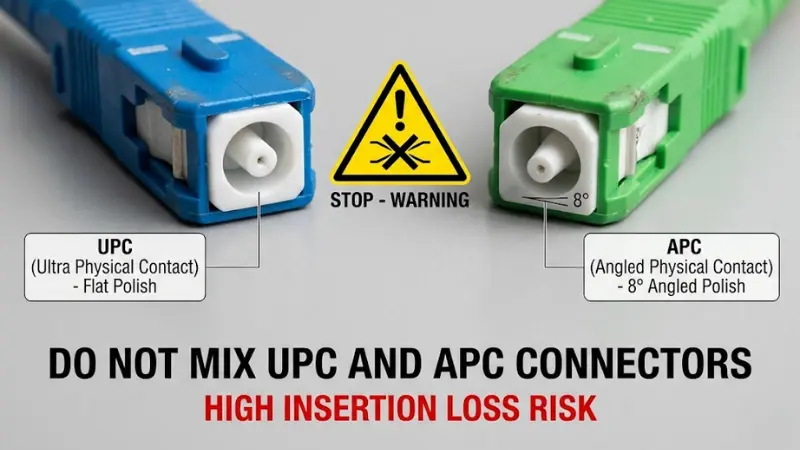 Close-up comparison of UPC and APC fiber connector polish types with warning not to mix them Close-up comparison of UPC and APC fiber connector polish types with warning not to mix them