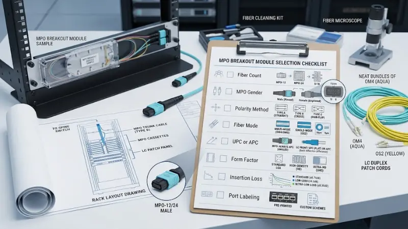 MPO breakout module pre-order checklist showing fiber count, polarity, connector type, fiber mode, polish, and insertion loss MPO breakout module pre-order checklist showing fiber count, polarity, connector type, fiber mode, polish, and insertion loss