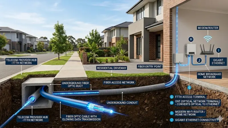 FTTH fiber to the home broadband connection directly reaching a residential house